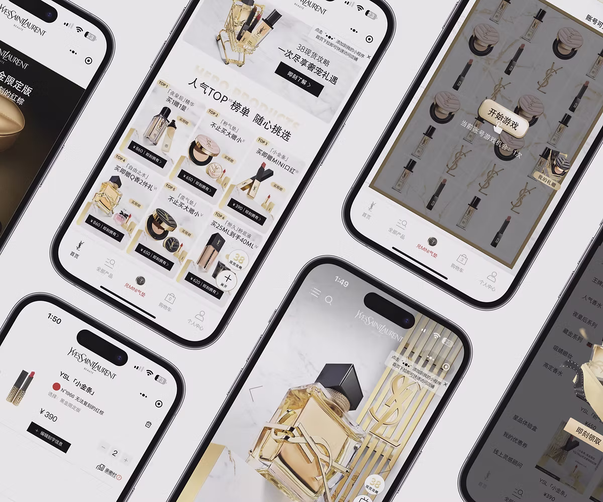 YSL Beauté mobile shopping screens arranged diagonally